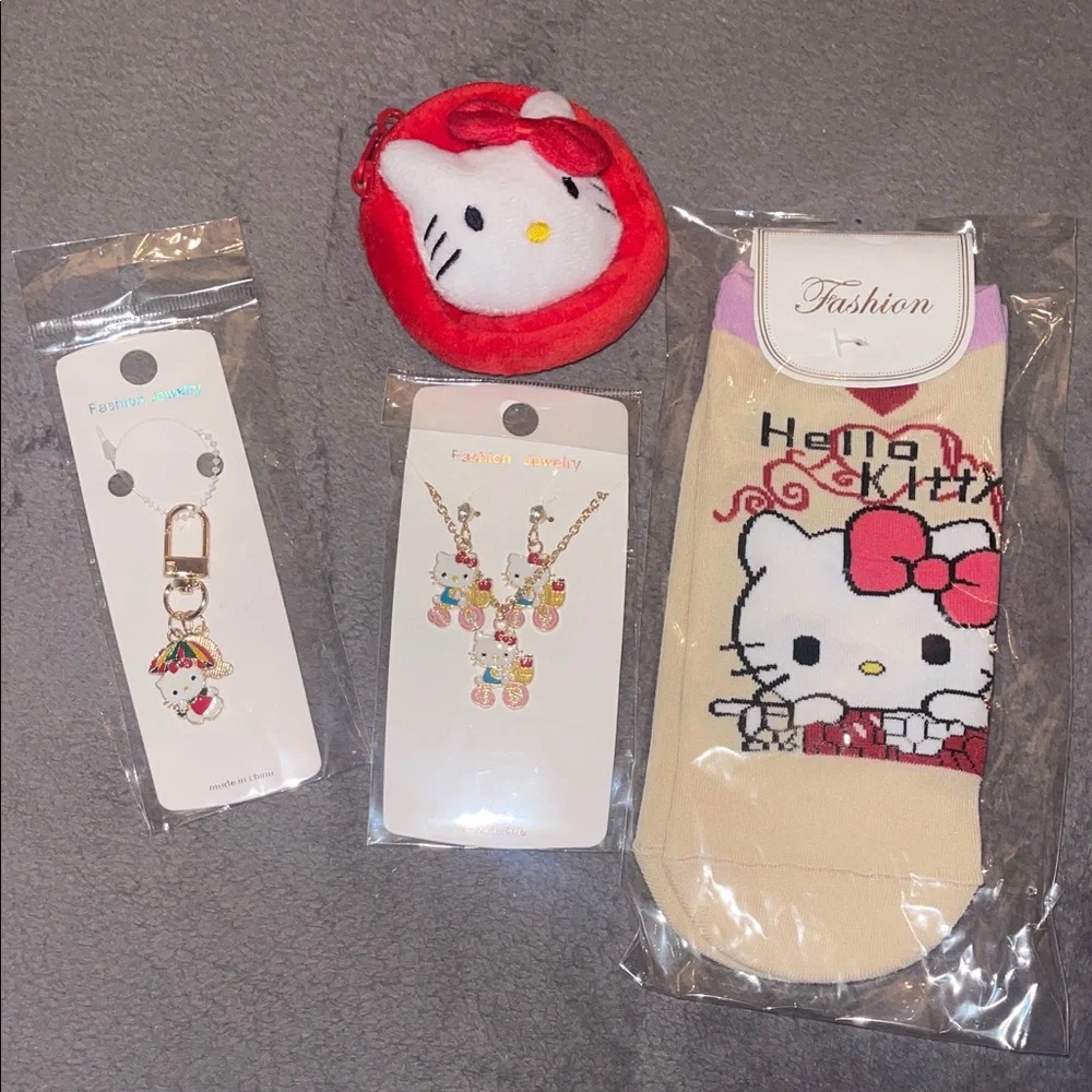 Hello Kitty bundle socks, necklace, earrings, zipper pull, coin purse nwt